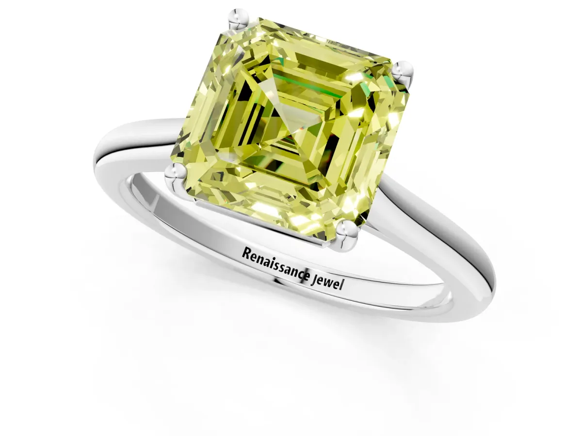Fancy Yellow Asscher Cut Cut Solitaire Ring with Cathedral Band and Four-Prong Setting Platinum