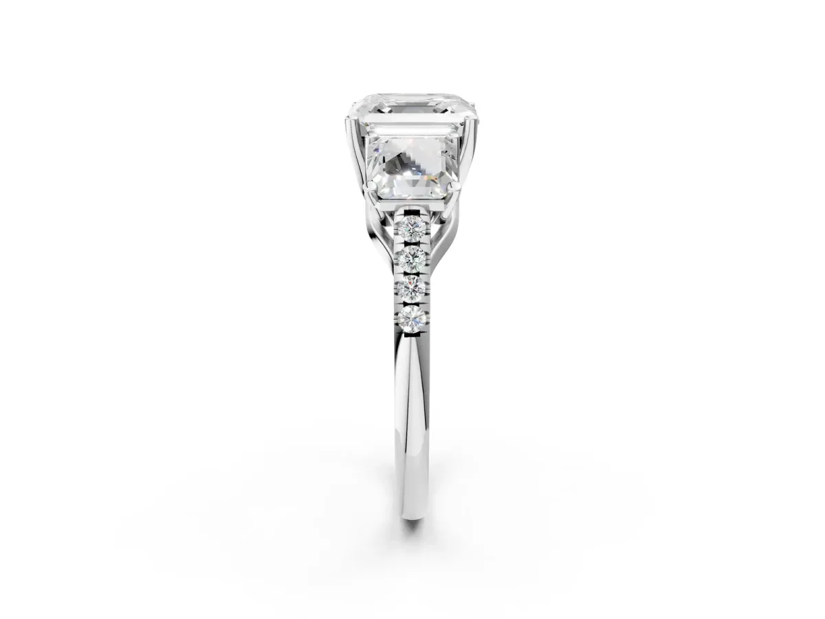 Three-Stone Asscher Cut Diamond Ring with Round Moissanite Pavé Band and Prong Setting Silver