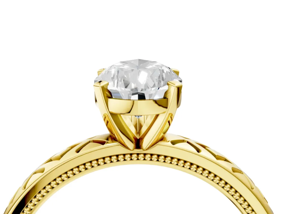 Pear Cut Solitaire Diamond Ring with Milgrain and Black Enamel X Pattern Band Yellow gold