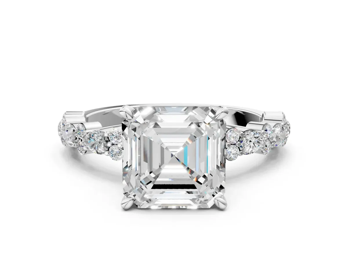 Asscher Cut Diamond Side Stone Solitaire Ring with Round Moissanite and Four-Prong Setting Silver