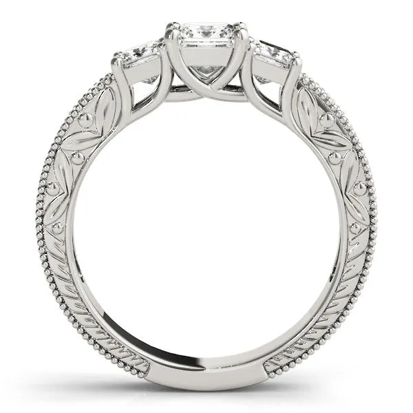 Three-Stone Asscher Cut Cut Milgrain Pavé Engagement Ring Platinum