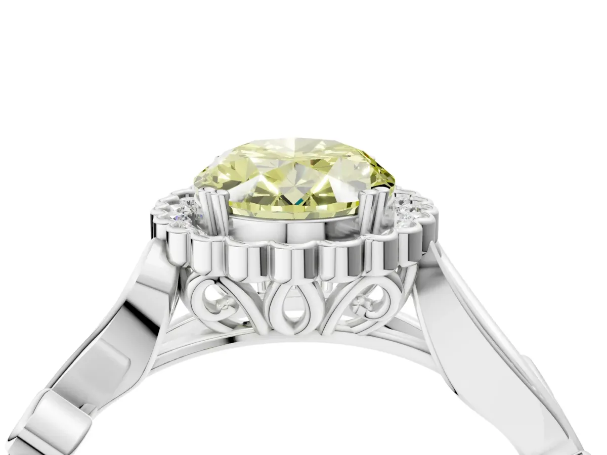 Fancy Yellow Oval Cut Diamond Halo Ring with Vintage Split Shank and Four-Prong Setting Silver