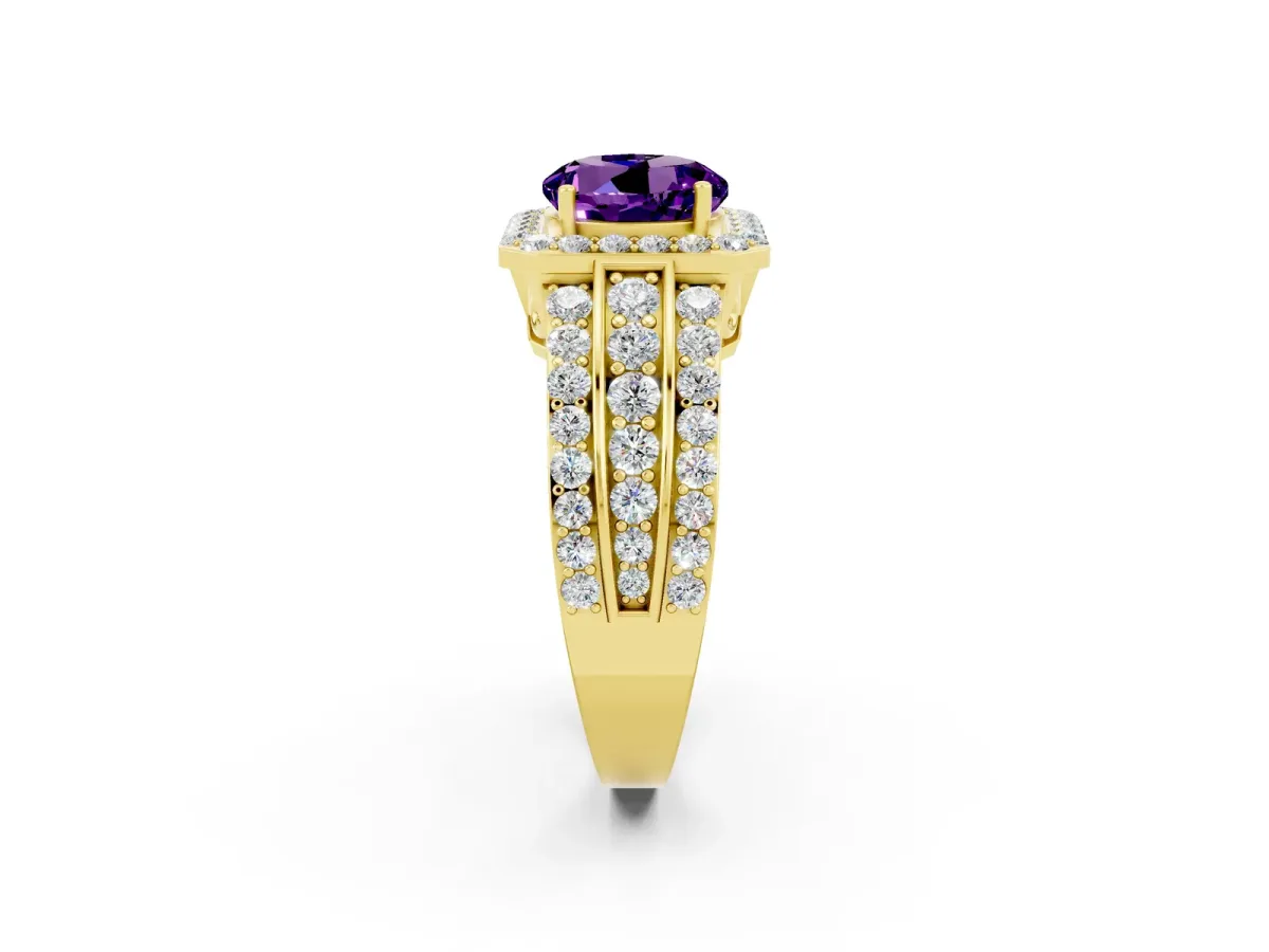 Round Cut Halo Amethyst Ring with Round Split Shank and Prong Setting Yellow gold