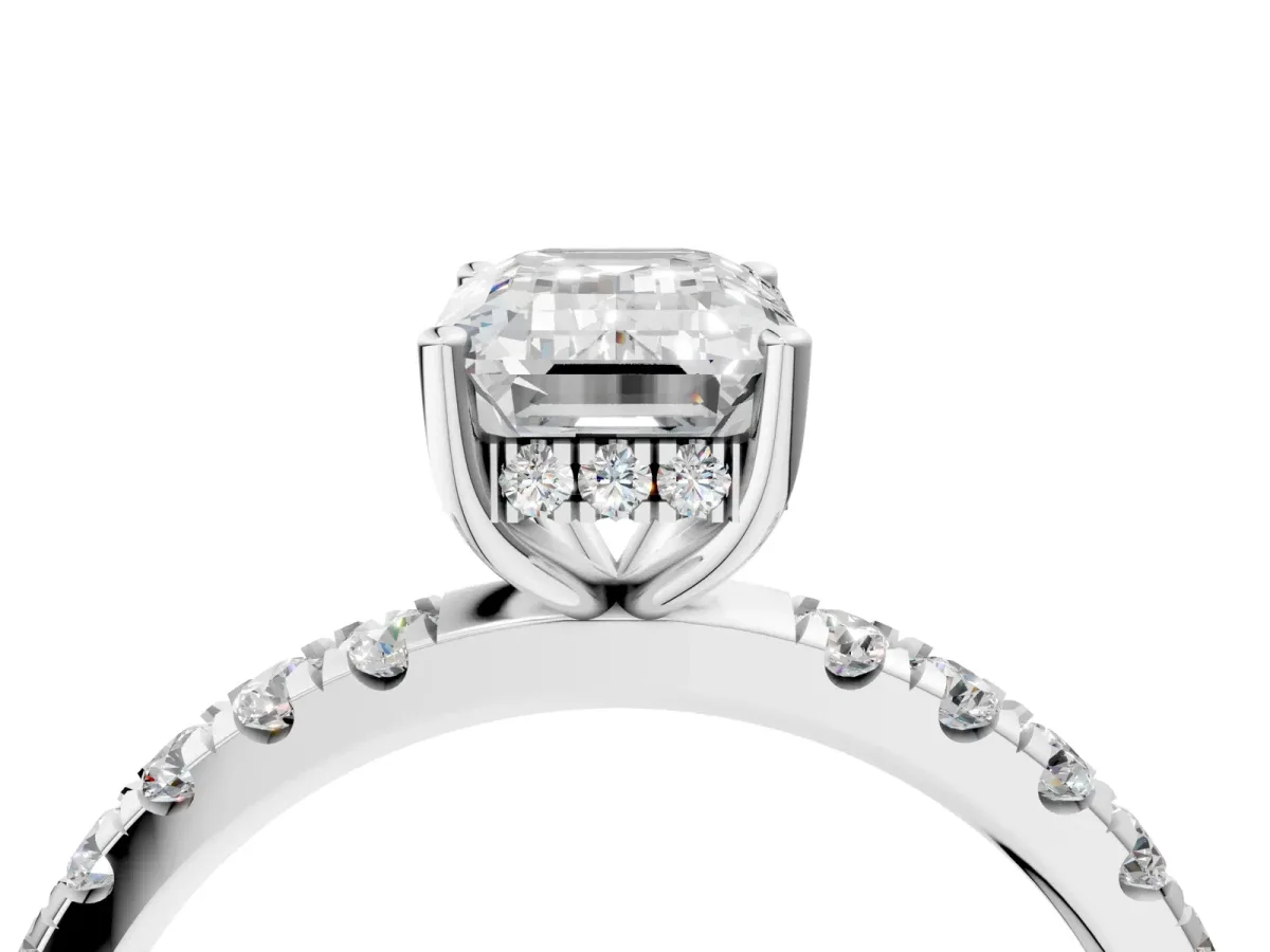 Emerald Cut Diamond Pave Band Solitaire Ring with Round and Prong Setting Platinum