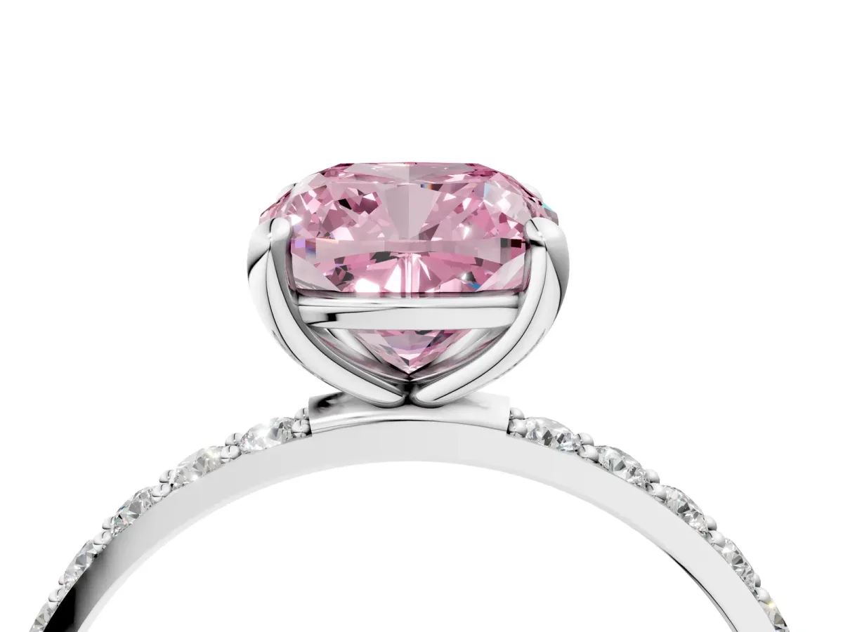 Fancy Pink Cushion Cut Diamond Solitaire Ring with Round Pavé Band and Prong Setting Silver