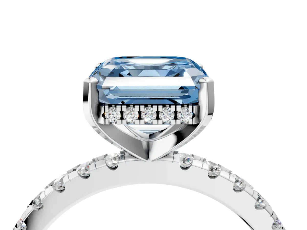 Fancy Blue Asscher Cut Diamond Solitaire Ring with Round Pavé Band and Four-Prong Setting Silver
