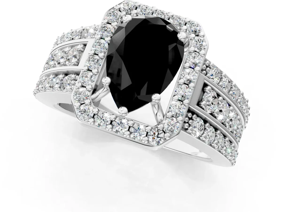 Fancy Black Pear Cut Halo Diamond Ring with Round Split Shank and Prong Setting White gold