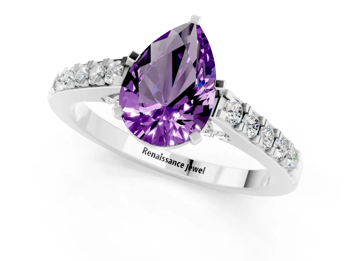 Pear Cut Amethyst Solitaire Ring with Crossover Gallery and Round Pavé Band Silver