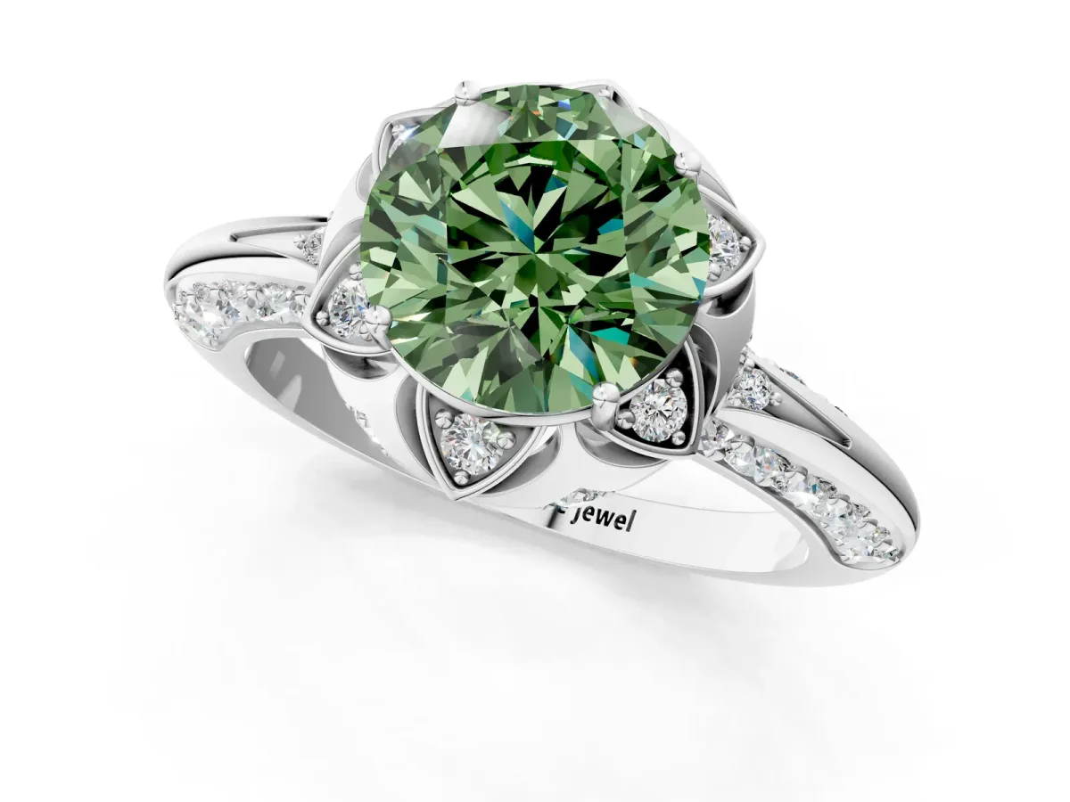 Fancy Green Round Cut Halo Split Shank Pave Diamond Ring with Petal Prong Setting Platinum