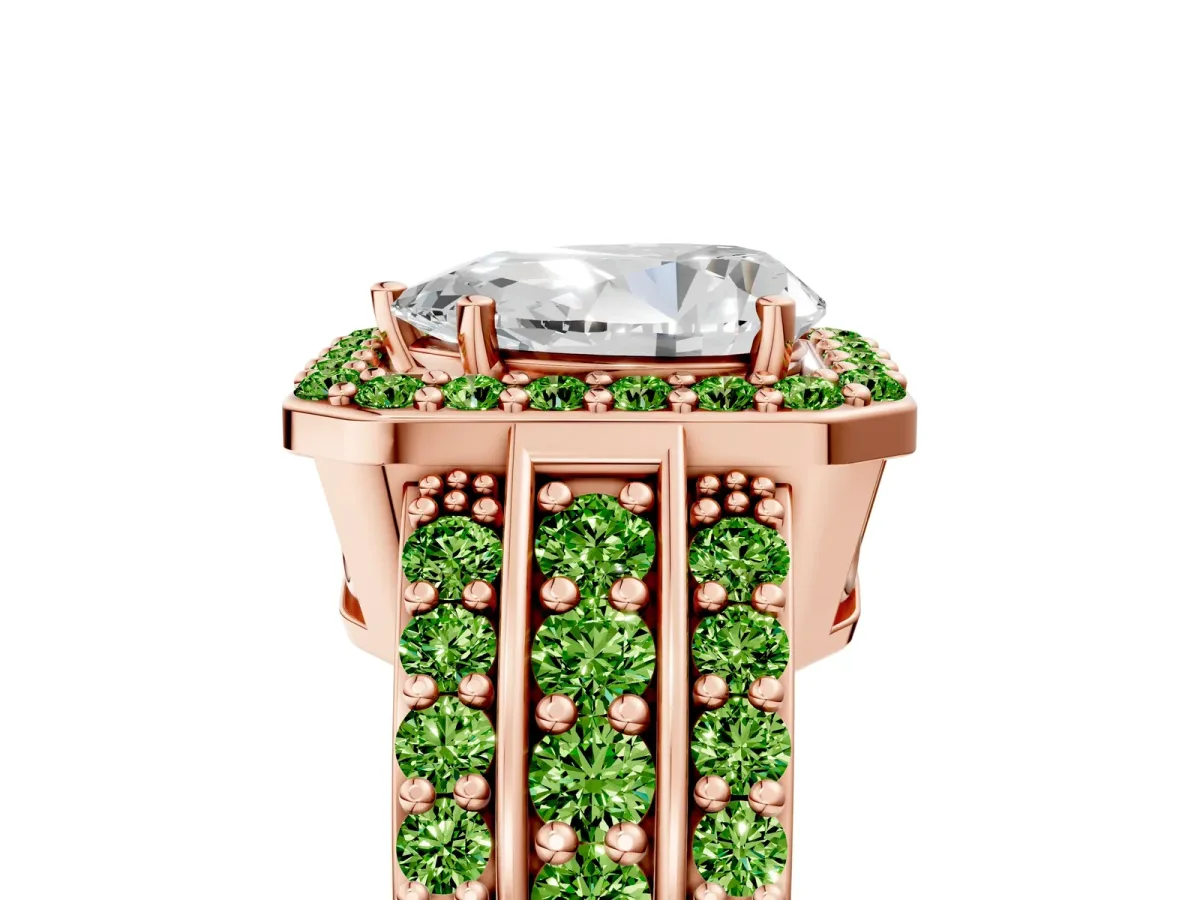 Pear Cut Halo Diamond Ring with Round Peridot Split Shank and Prong Setting Rose gold