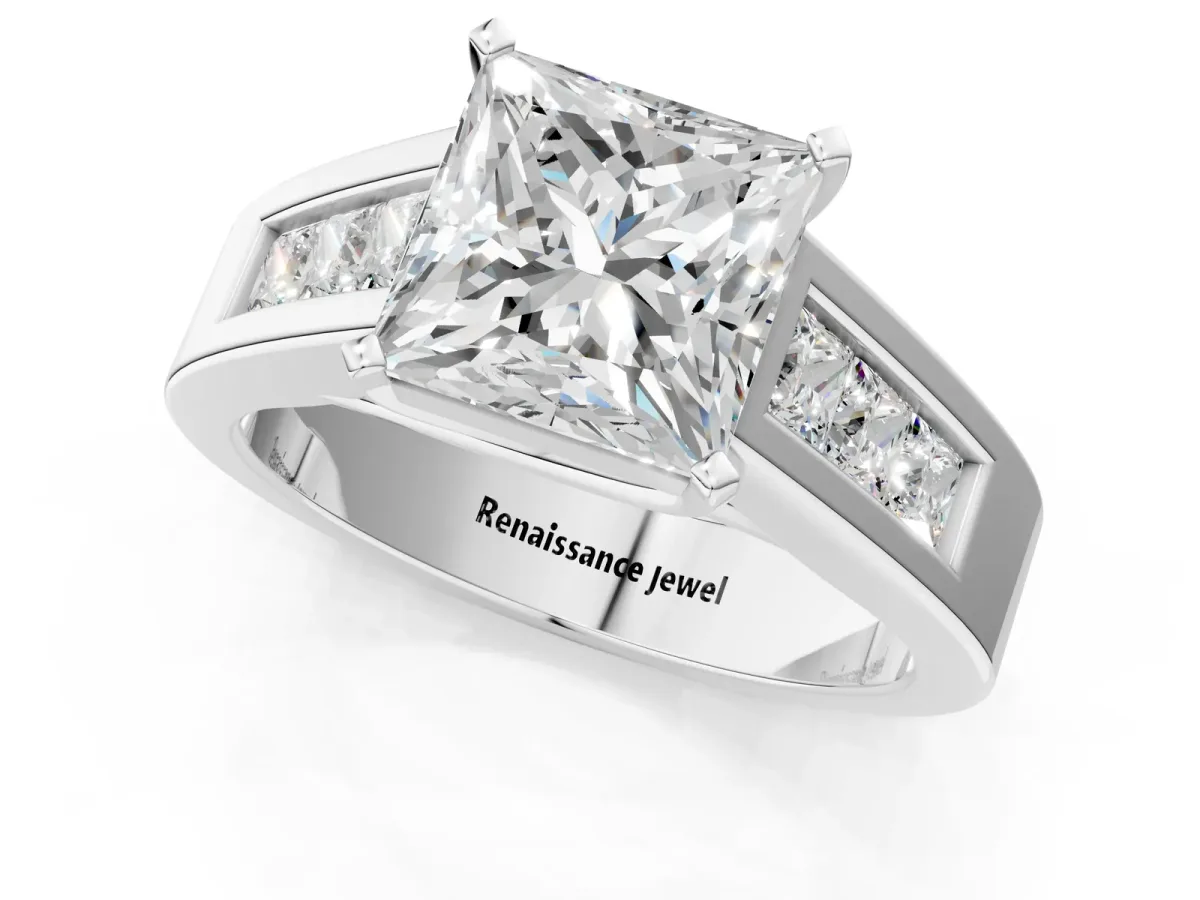 Princess Cut Cut Channel Set Solitaire Ring with Four-Prong Setting Silver
