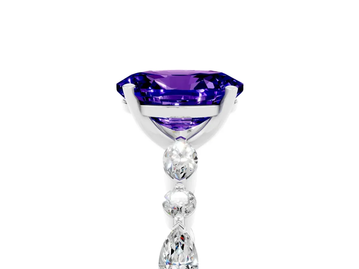 Oval Cut Tanzanite Ring with Marquise and Round Side Stones and Four-Prong Setting Silver