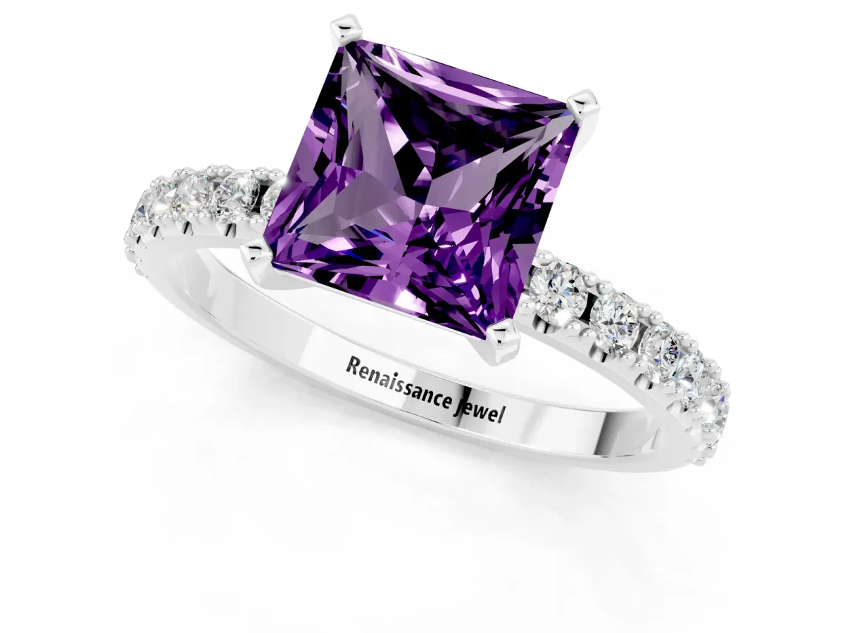 Princess Cut Amethyst Solitaire Pavé Band with Four-Prong Setting Platinum