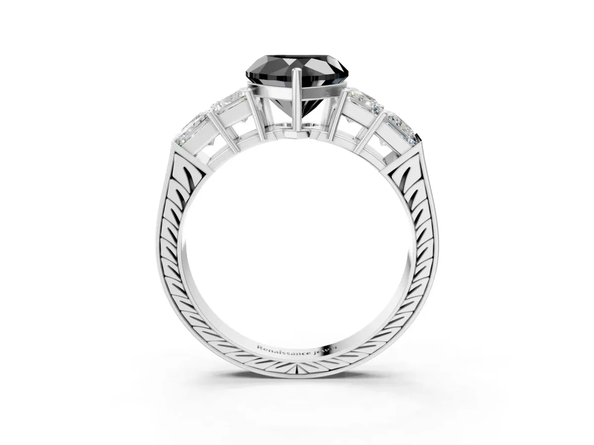 Fancy Black Heart Cut Solitaire Princess Side Stone Engraved Band Prong Setting Ring Platinum