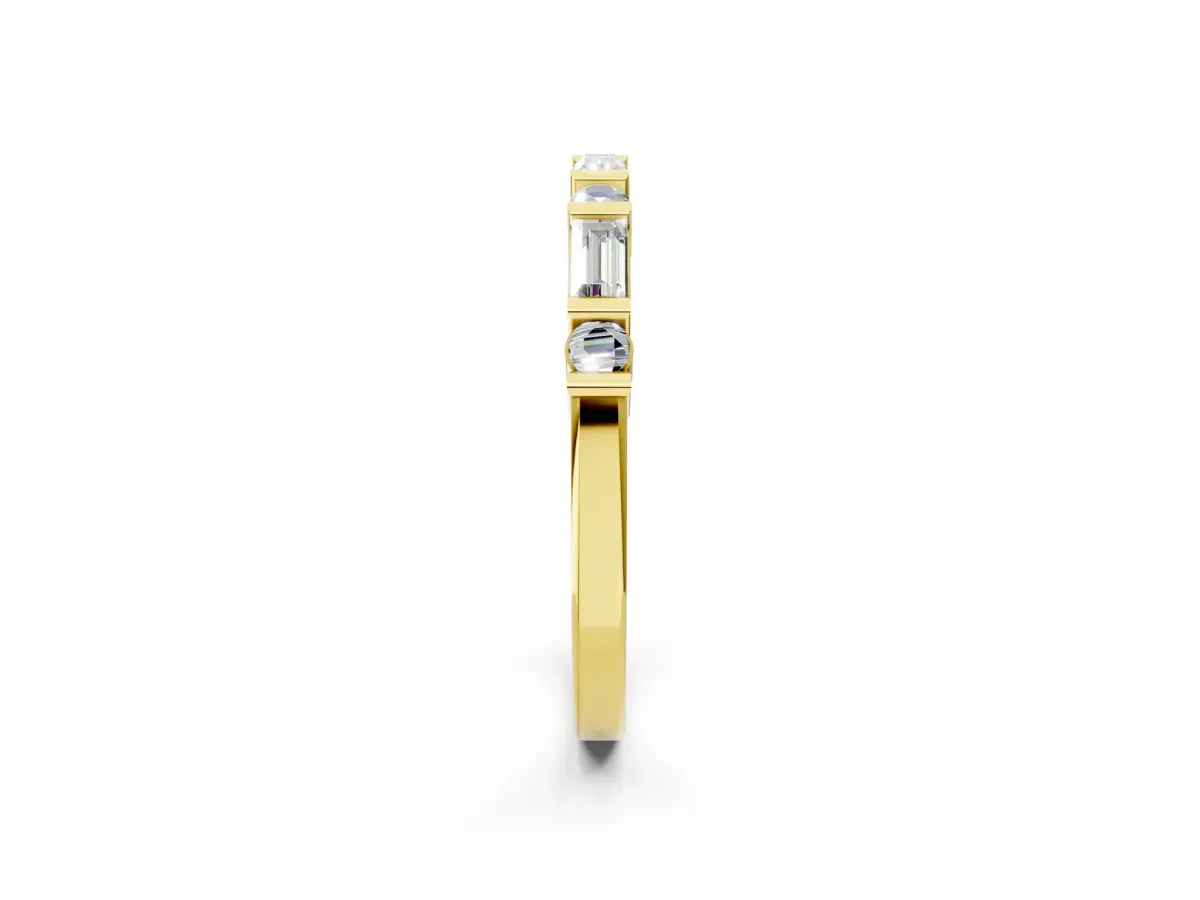 Baguette and Round Diamond Channel Set Half Eternity Band with Bar Prong Setting Yellow gold