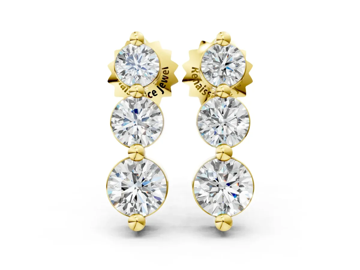 Three-Stone Round Diamond Drop Earrings with Prong Setting on White Gold Yellow gold