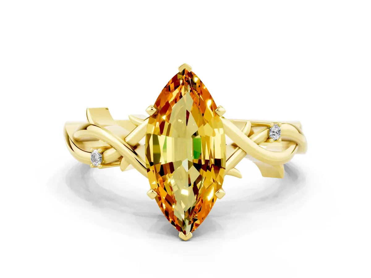 Marquise Cut Citrine Solitaire Ring with Twisted Band and Prong Setting Yellow gold