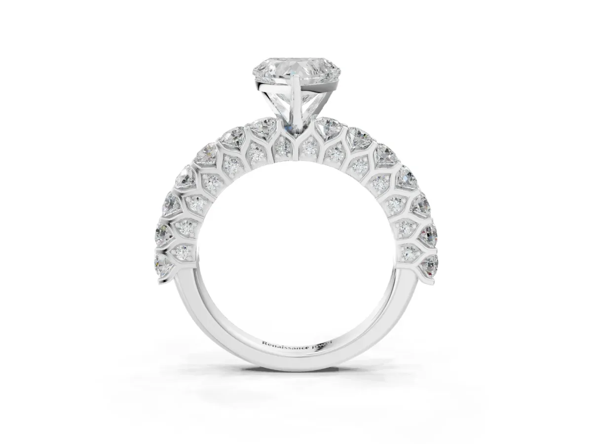 Heart Cut Diamond Solitaire Ring with Shared Prong Pavé Band and Four-Prong Setting Silver