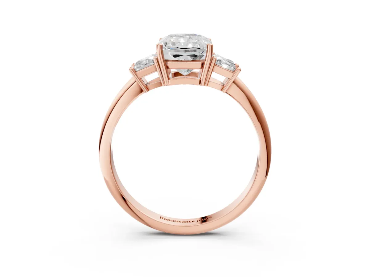 Radiant Cut Diamond Three-Stone Ring with Trapezoid Side Stones and Prong Setting Rose gold
