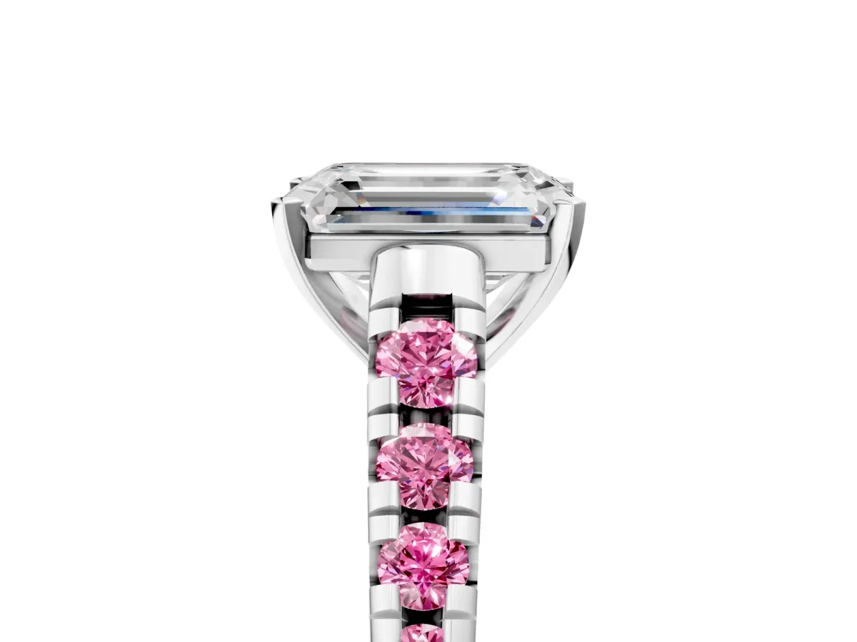 Emerald Cut Diamond Cathedral Solitaire Ring with Round Pink Sapphire Pavé Band Silver