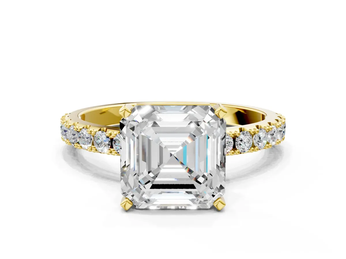 Asscher Cut Diamond Solitaire Pavé Band with Four-Prong Setting Yellow gold
