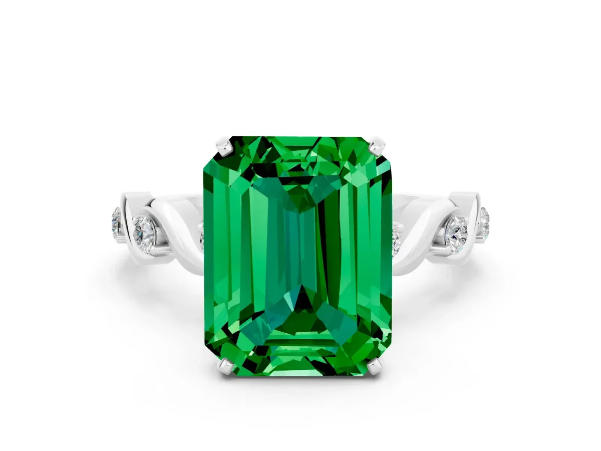 Emerald Cut Emerald Solitaire Twisted Band with Round Accents and Prong Setting Silver