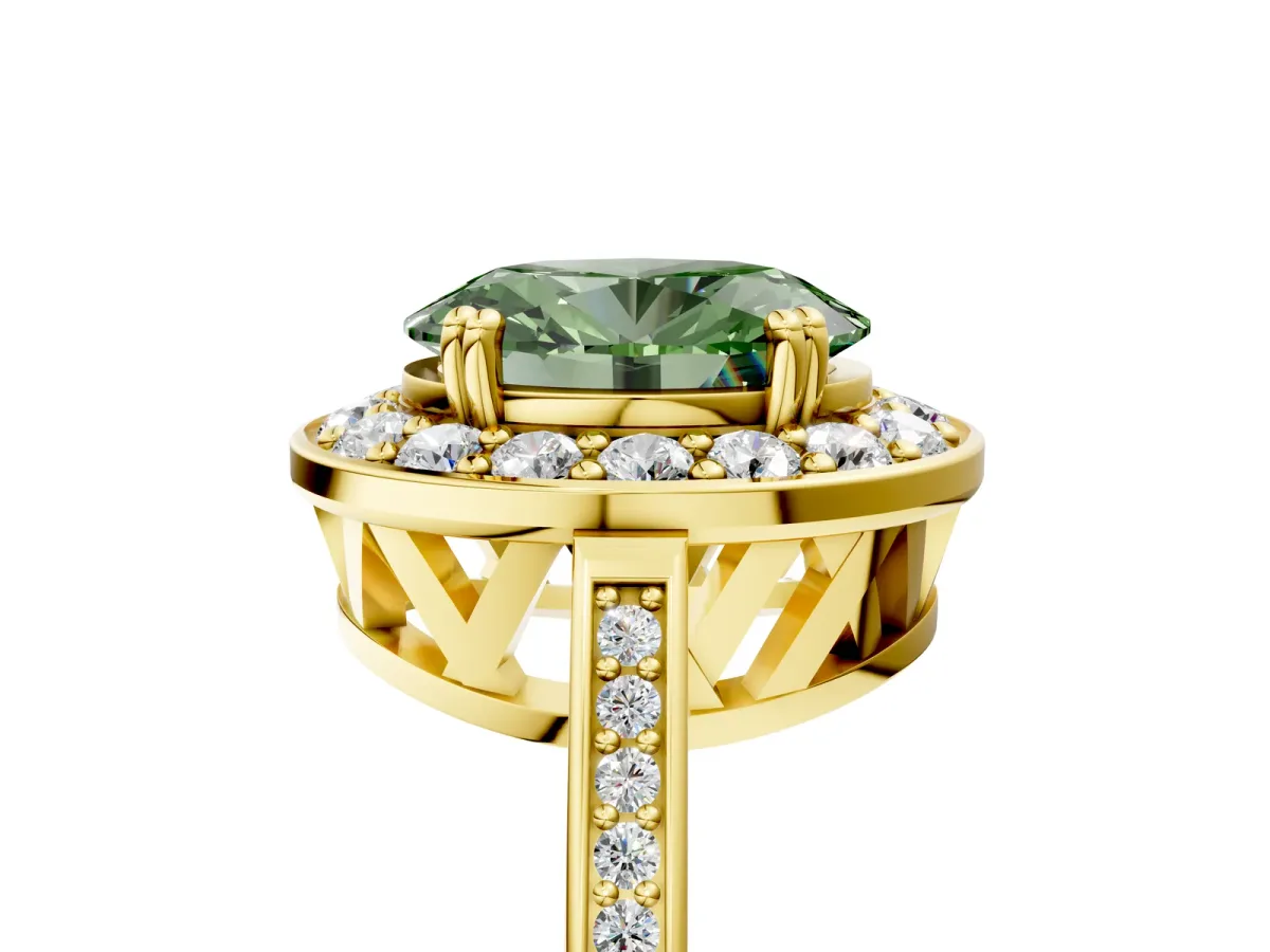 Fancy Green Oval Cut Diamond Halo Ring with Split Shank and Four-Prong Setting Yellow gold