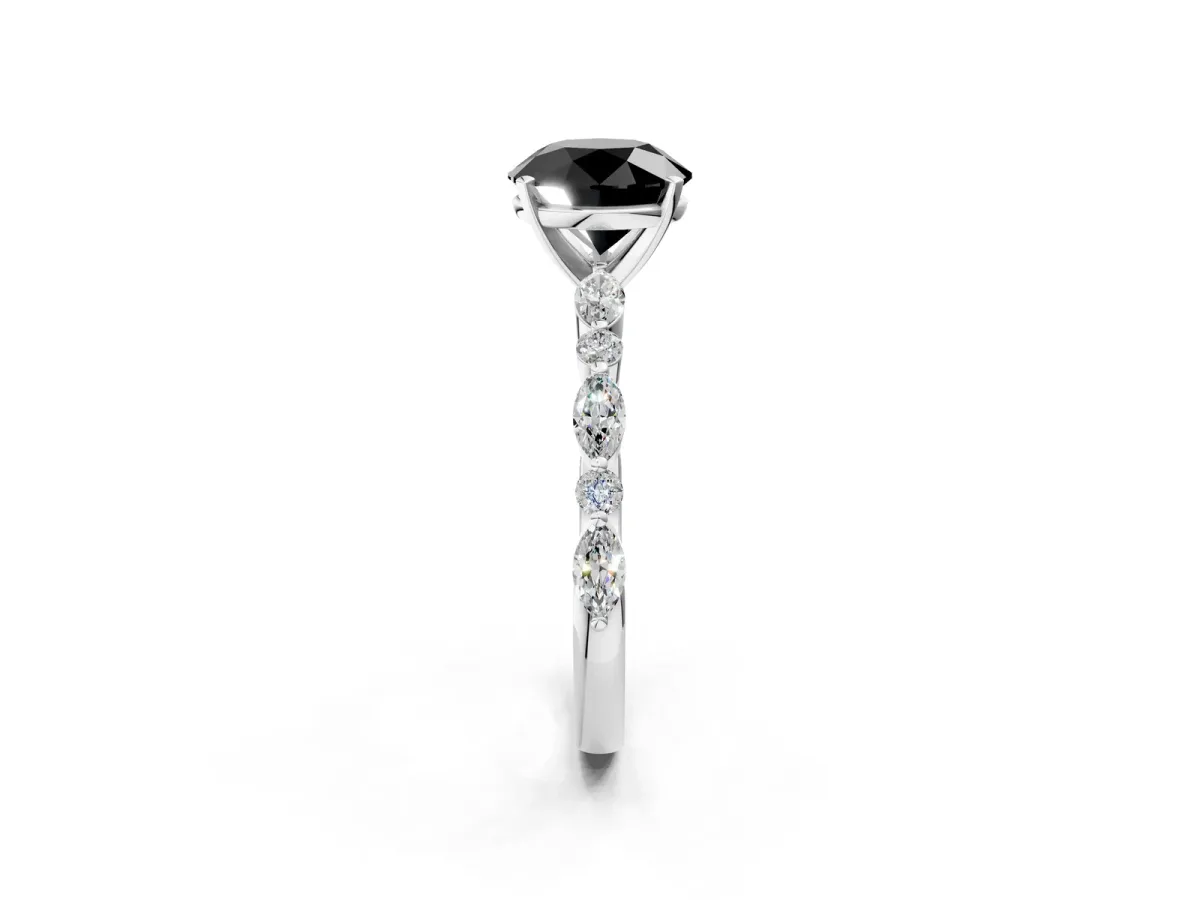 Fancy Black Round Cut Diamond Ring with Marquise and Round Side Stones and Four-Prong Setting Silver
