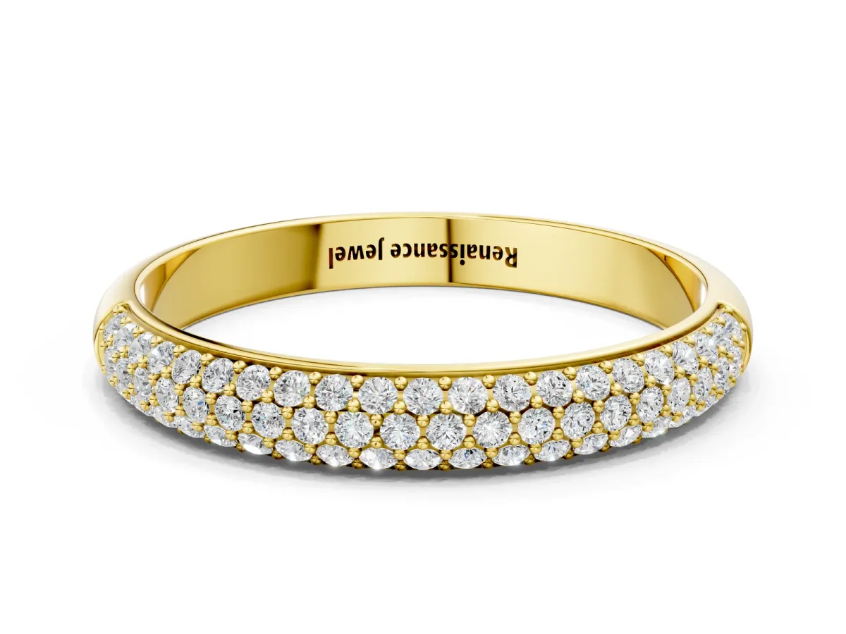 Three-Row Pave Round Diamond Eternity Band with Shared Prong Setting Yellow gold