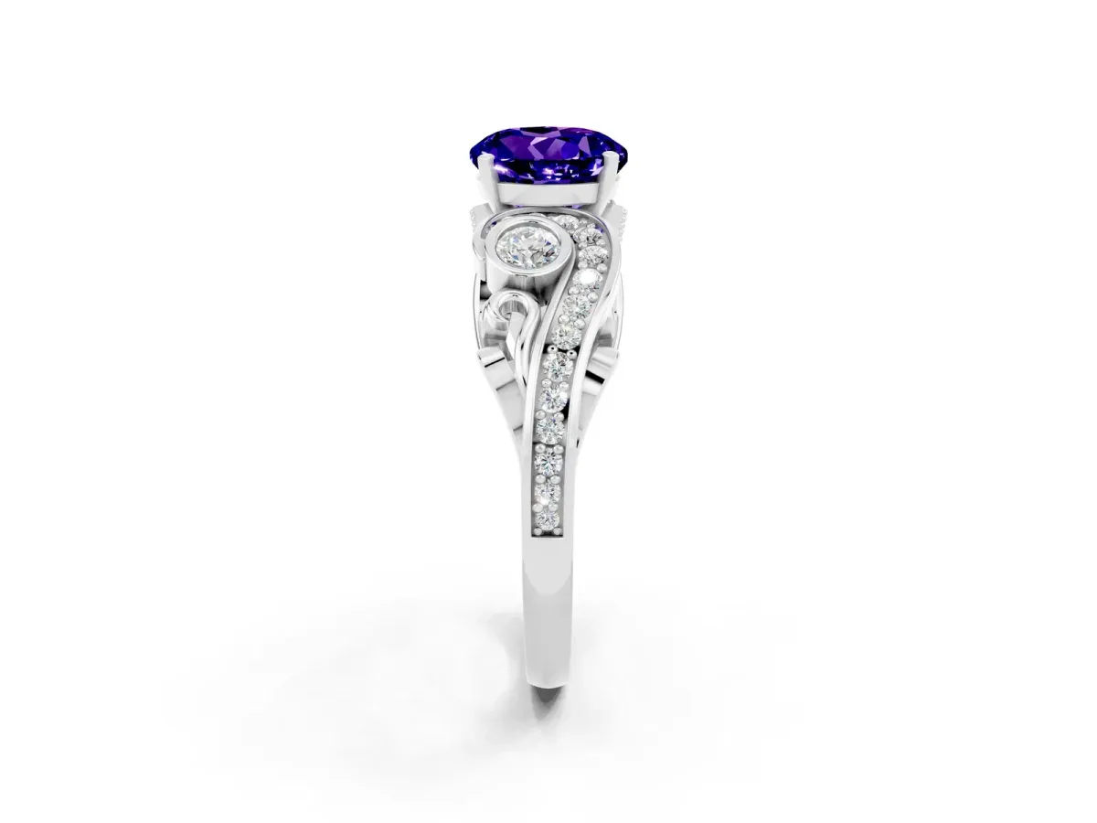 Round Cut Tanzanite Solitaire Ring with Milgrain Pavé Band and Four-Prong Setting Silver