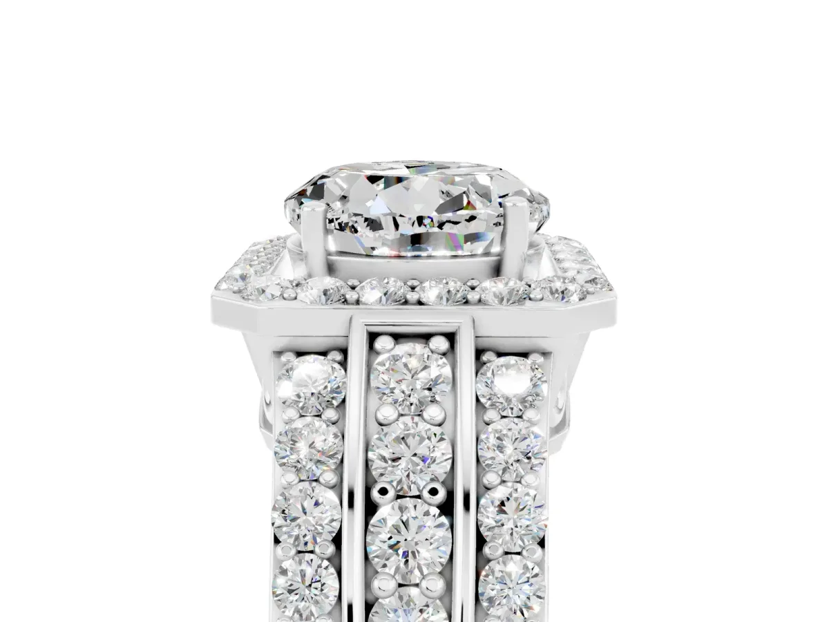 Round Cut Halo Moissanite Ring with Round Split Shank and Prong Setting Platinum