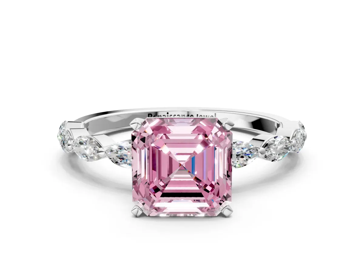 Fancy Pink Asscher Cut Diamond Ring with Marquise Side Stones and Prong Setting Platinum