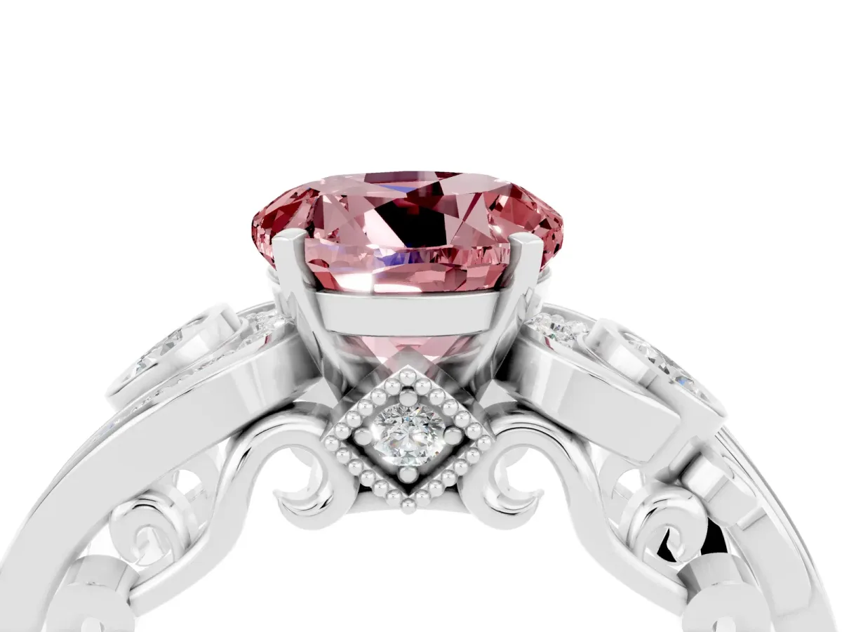 Round Cut Morganite Solitaire Ring with Milgrain Pavé Band and Four-Prong Setting Silver