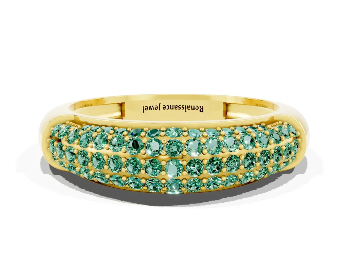 Three-Row Pavé Round Green Sapphire Dome Band Yellow gold