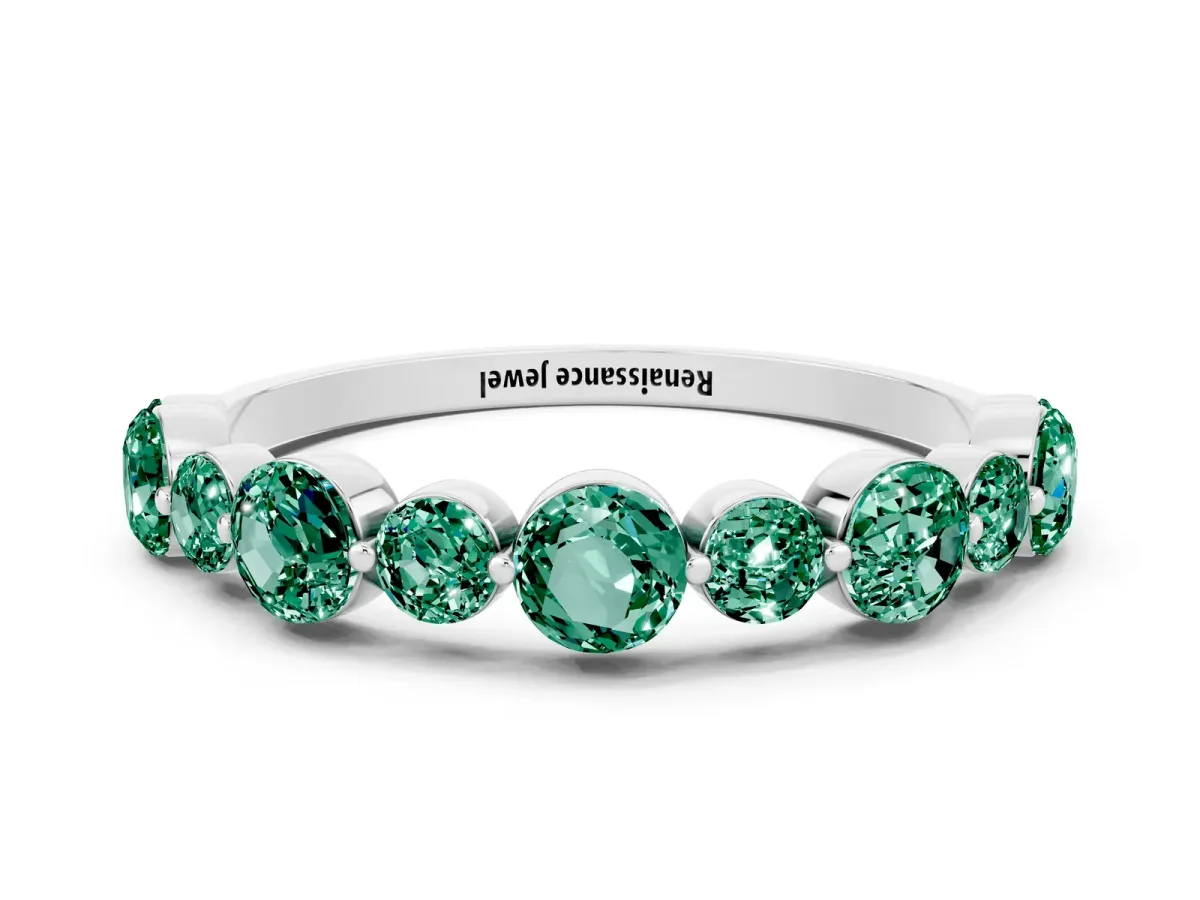 Round Green Sapphire Scalloped Prong Set Eternity Band Silver