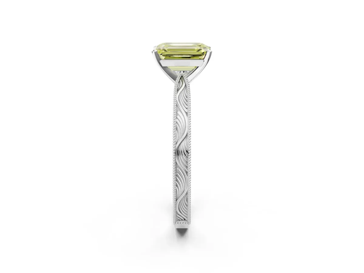 Fancy Yellow Emerald Cut Solitaire Milgrain Engraved Band with Four-Prong Setting White gold