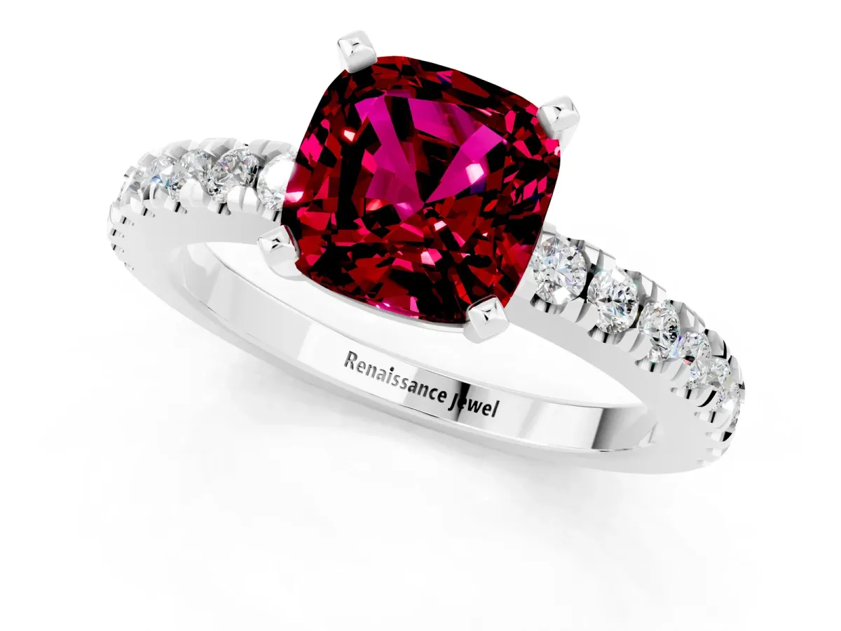 Cushion Cut Solitaire Garnet with Pavé Band and Four-Prong Setting Silver