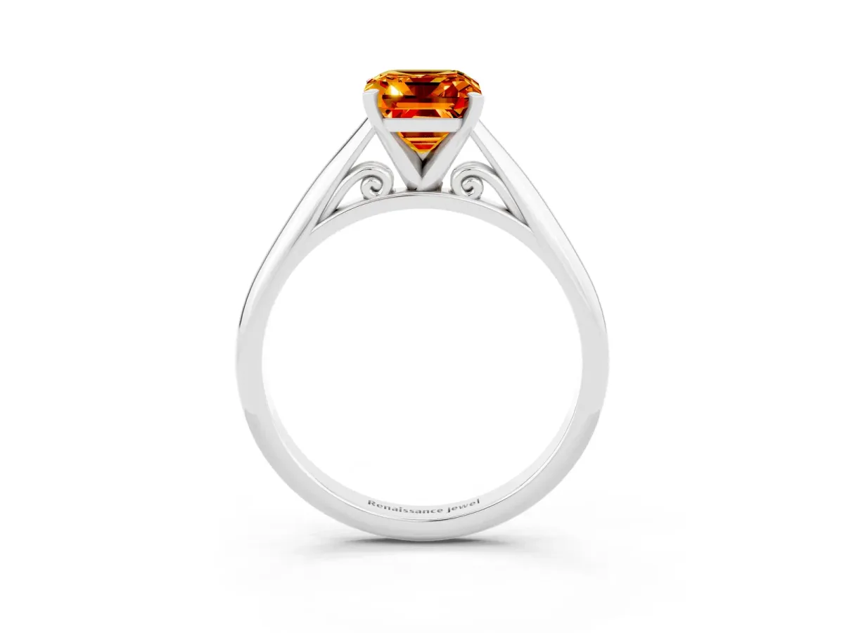 Emerald Cut Citrine Solitaire Engagement Ring with Cathedral Setting and Four-Prong Mount White gold