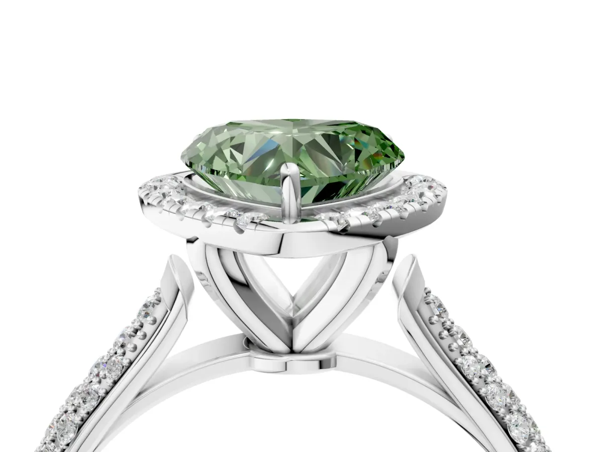 Fancy Green Heart Cut Cut Halo Pave Band Four-Prong Setting Ring Platinum