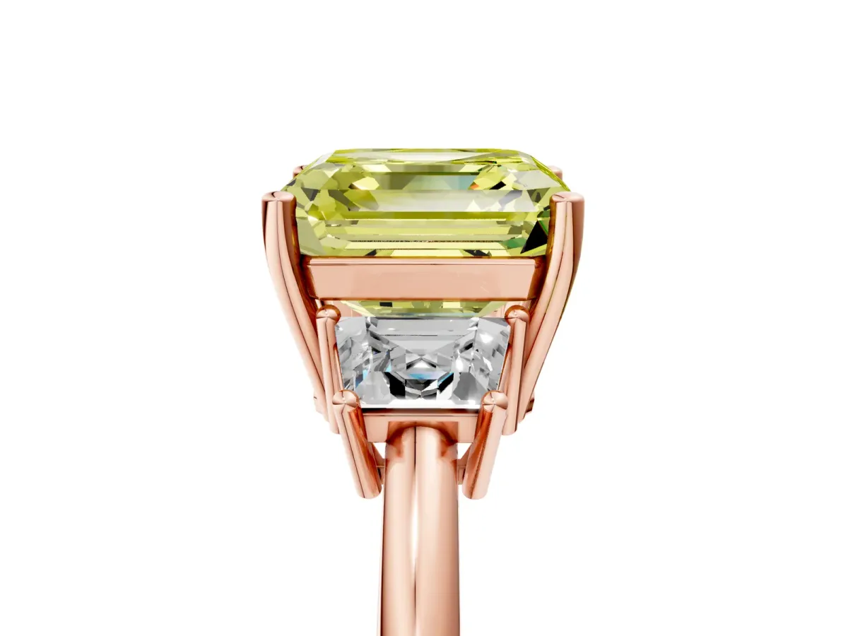 Fancy Yellow Asscher Cut Diamond Three-Stone Ring with Trapezoid Side Stones and Prong Setting Rose gold