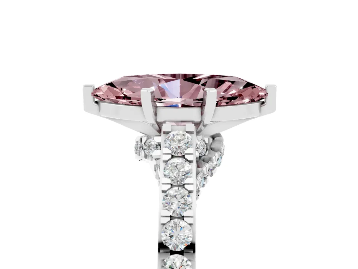 Marquise Cut Morganite Solitaire Ring with Crossover Gallery and Round Pavé Band Silver