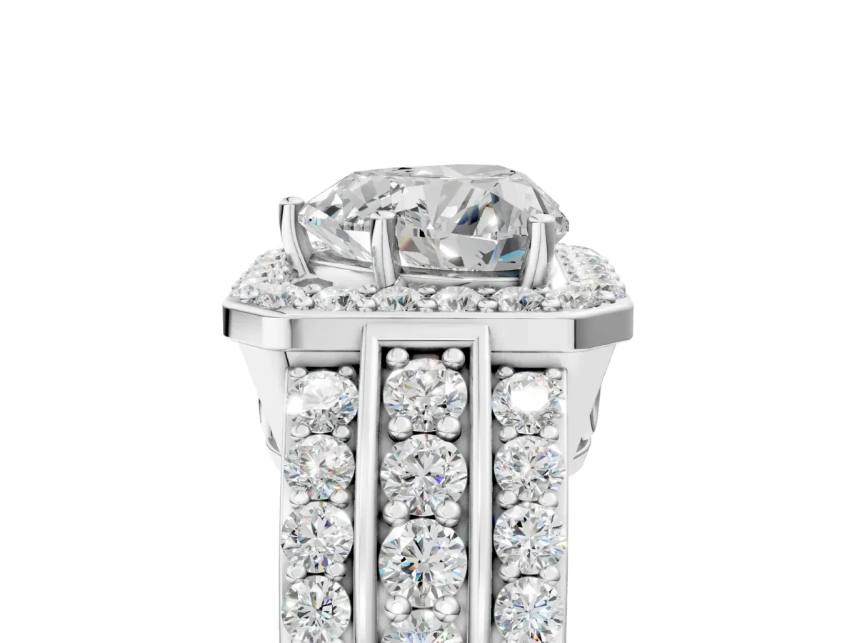 Heart Cut Halo Diamond Ring with Round Moissanite Split Shank and Prong Setting Silver