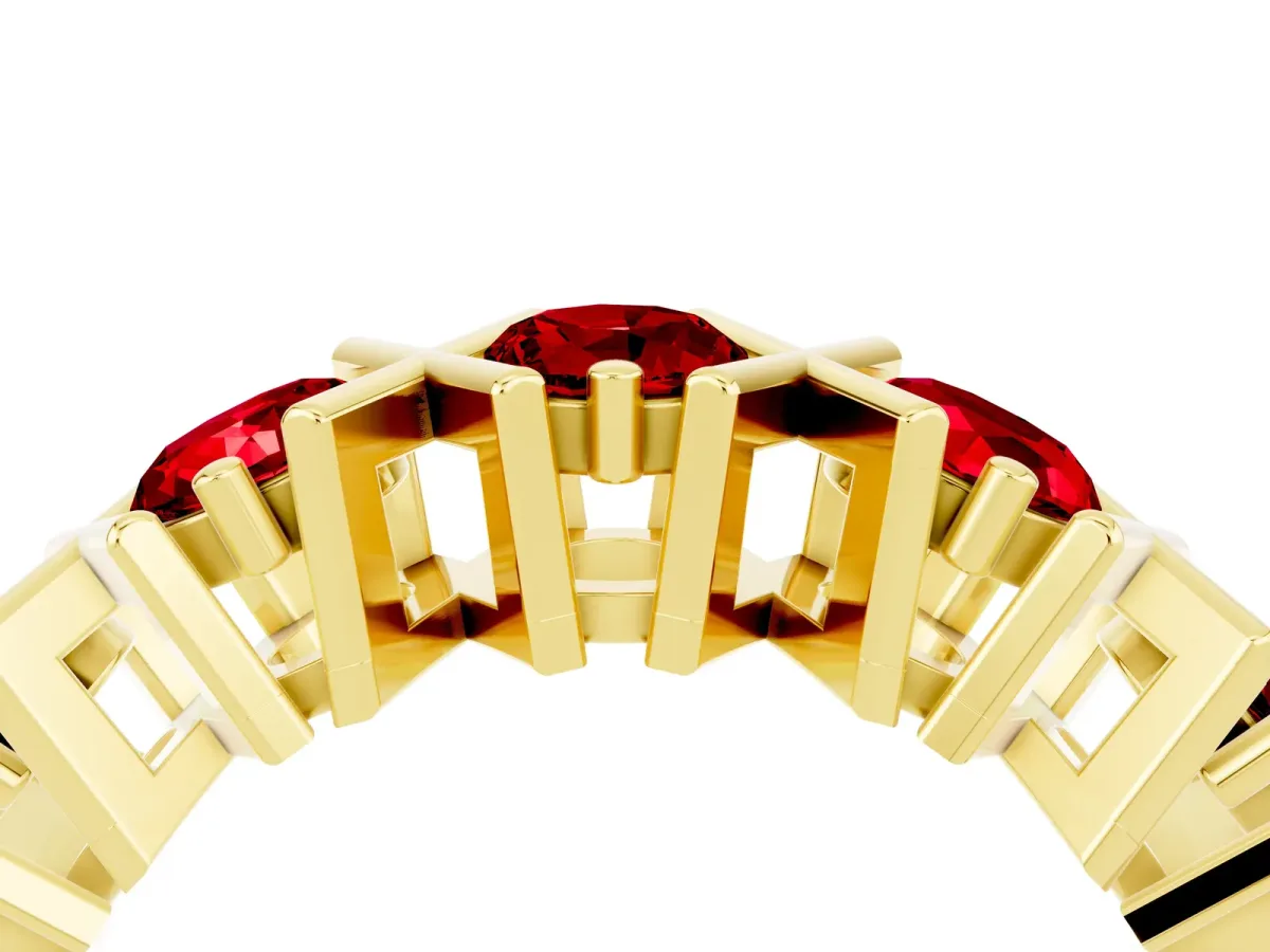 Round Ruby Channel Set Band with X-Prong Detail Yellow gold