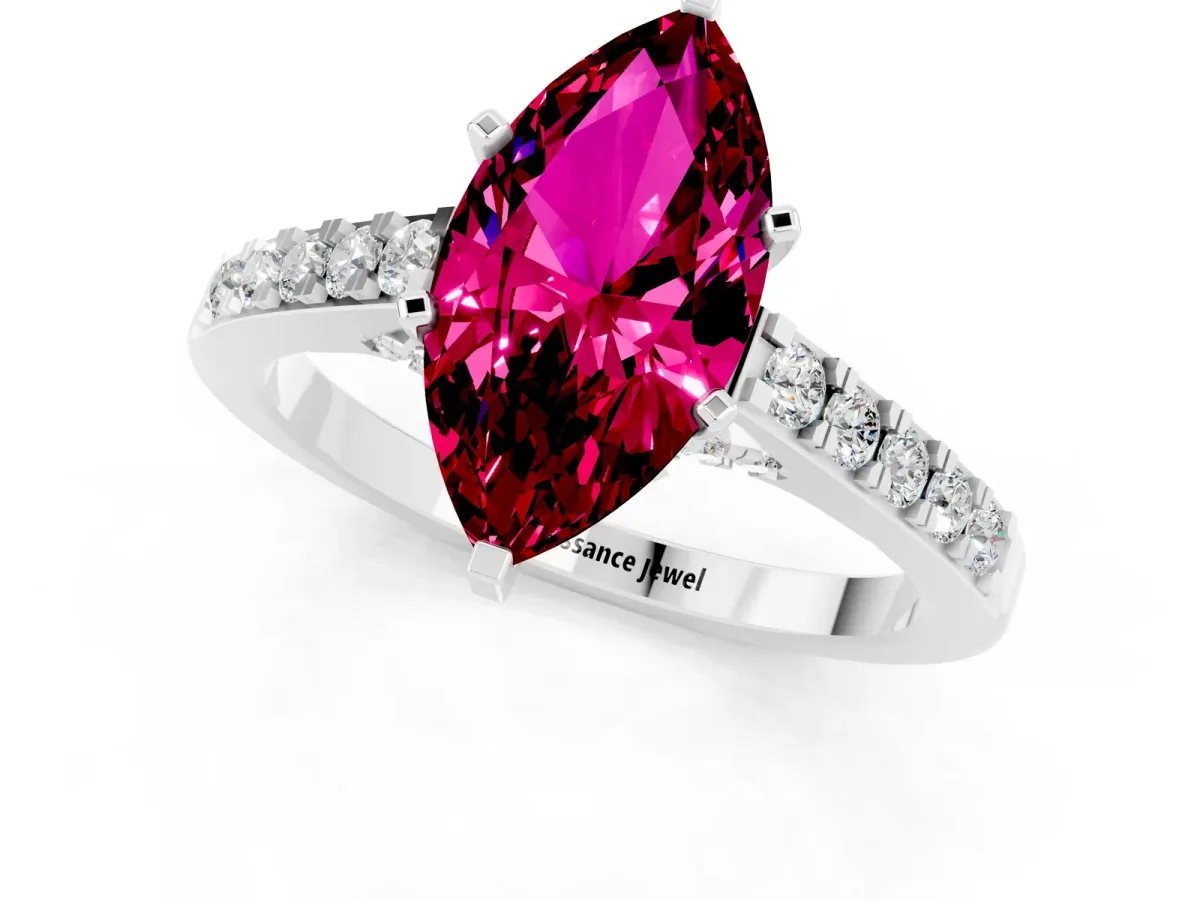 Marquise Cut Garnet Solitaire Ring with Crossover Gallery and Round Pavé Band Silver