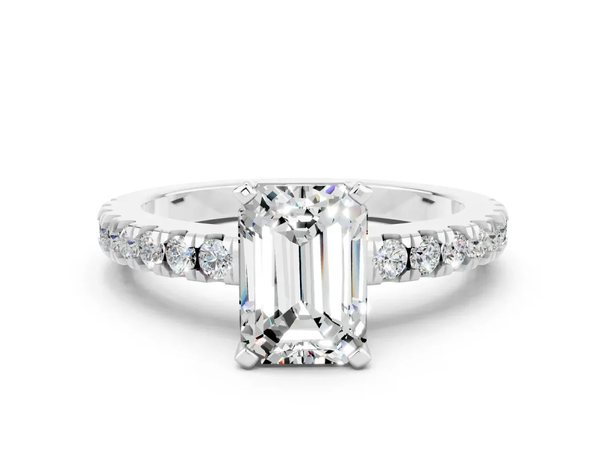 Emerald Cut Solitaire Moissanite with Pavé Band and Four-Prong Setting Silver