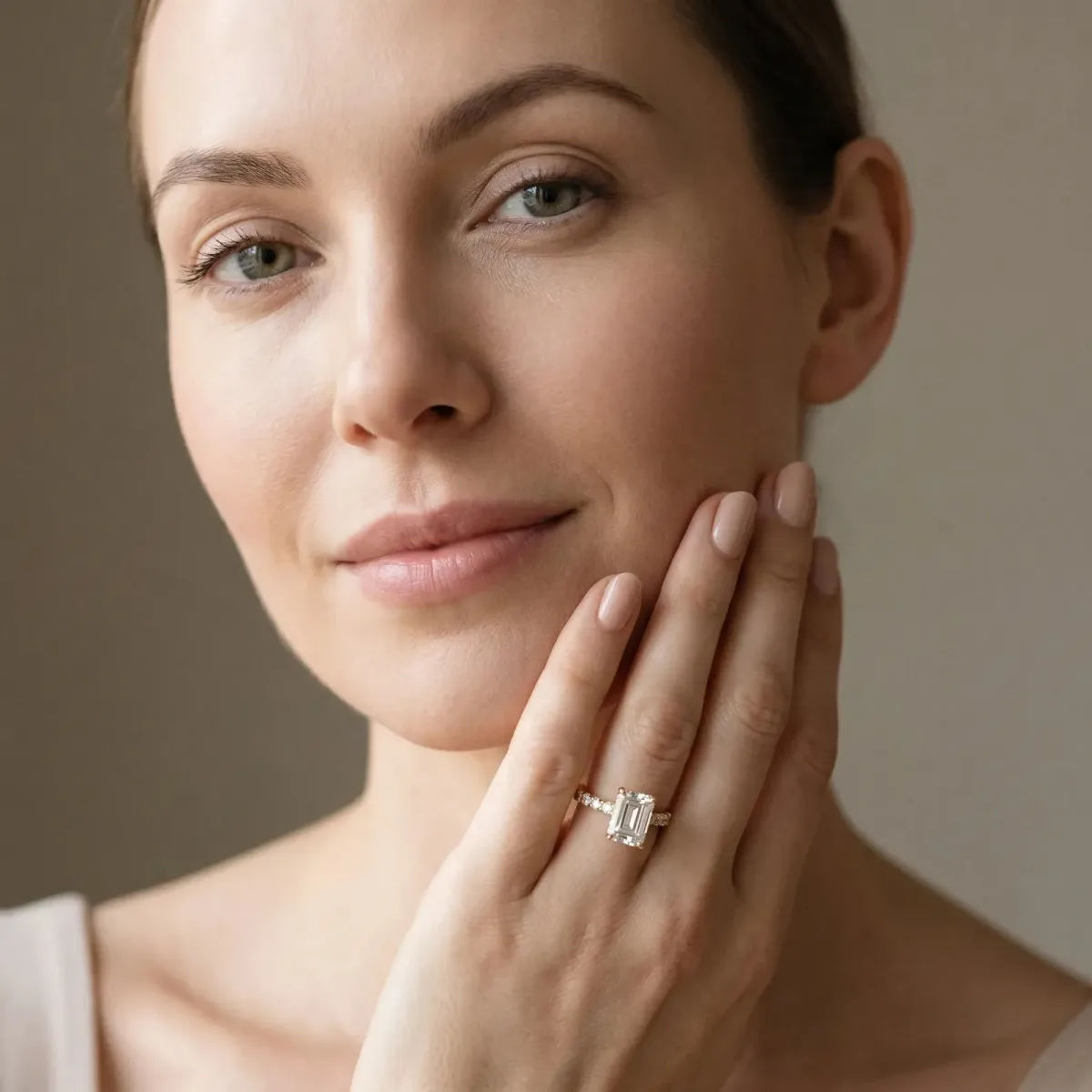 Emerald Cut Diamond Pave Band Solitaire Ring with Round and Prong Setting Yellow gold