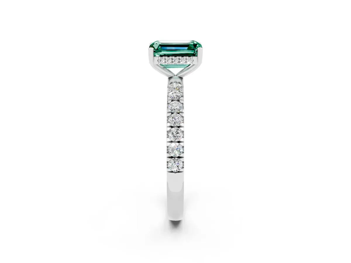 Emerald Cut Green Sapphire Pave Band Solitaire Ring with Round and Prong Setting Platinum