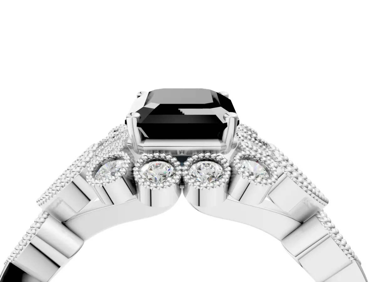 Fancy Black Emerald Cut Brilliant Milgrain Pave Heart Band Solitaire Ring Platinum