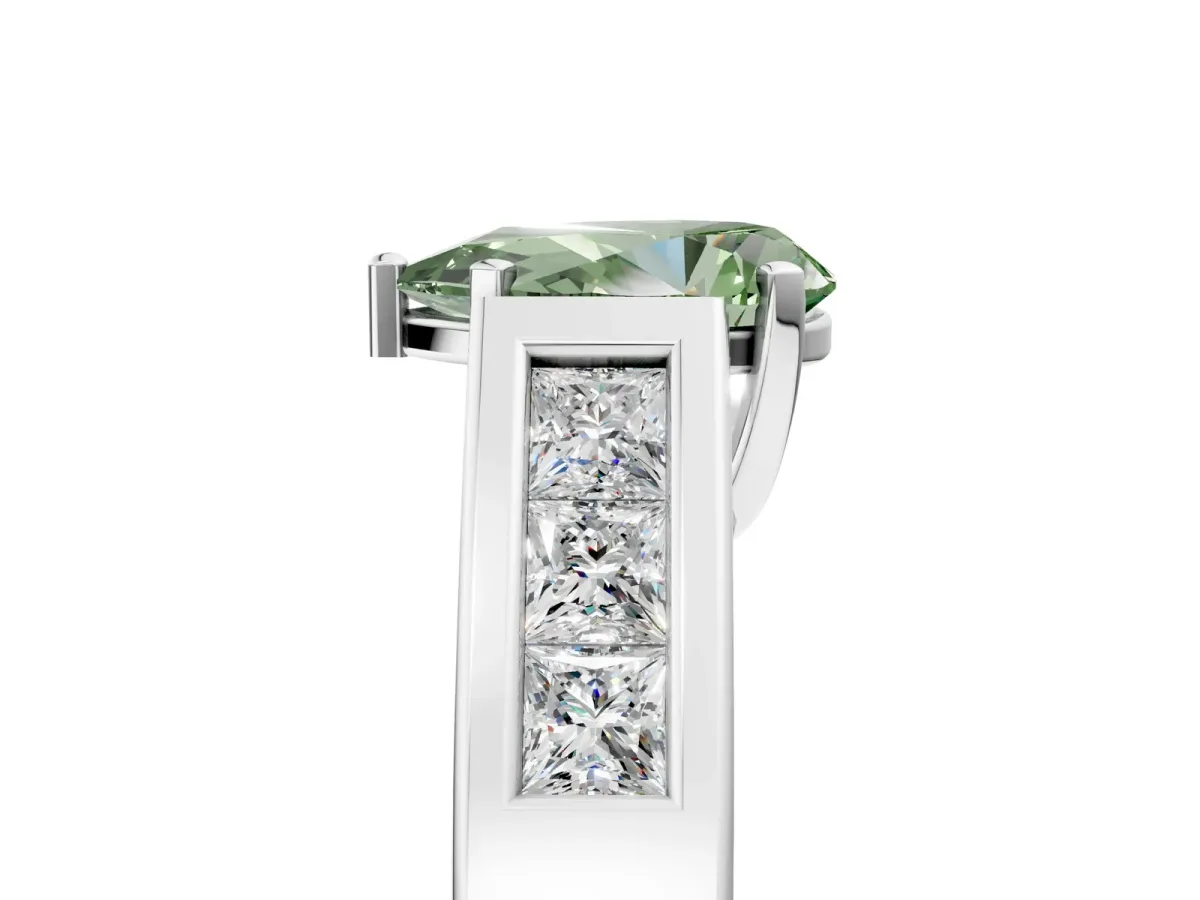 Fancy Green Pear Cut Cut Channel Set Solitaire Ring with Four-Prong Setting White gold