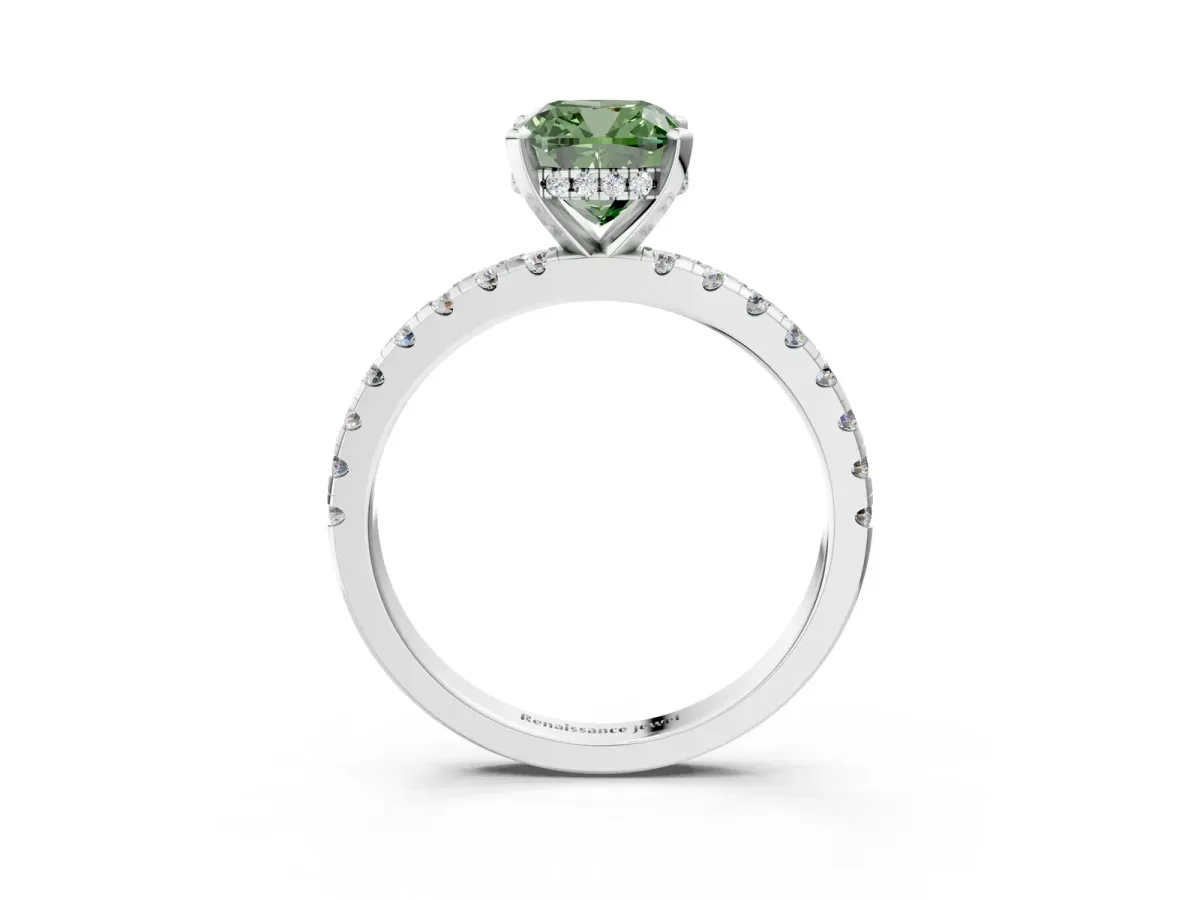 Fancy Green Cushion Cut Diamond Solitaire Ring with Round Pavé Band and Four-Prong Setting Silver